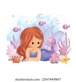 Watercolor Illustration Cute Mermaid and Fish with Coral in Deep Ocean