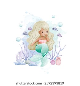Watercolor Illustration Cute Mermaid and Fishes