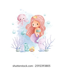 Watercolor Illustration Cute Mermaid and Jellyfish