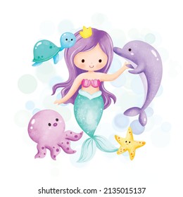 Watercolor Illustration Cute Mermaid And Sea Animals 