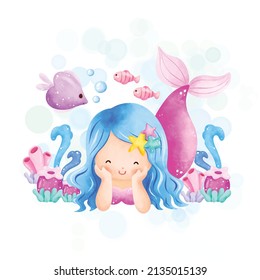 Watercolor Illustration cute Mermaid and sea animals 