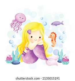 Watercolor Illustration cute Mermaid and sea animals 