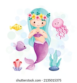 Watercolor Illustration cute Mermaid and sea animals 