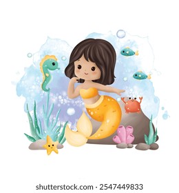 Watercolor Illustration Cute Mermaid and Sea Animals with Coral in Deep Ocean