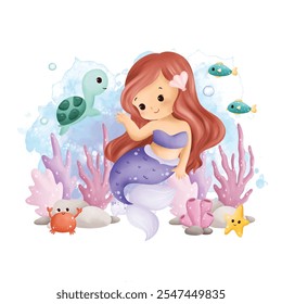 Watercolor Illustration Cute Mermaid with Sea Turtle and Fish in Deep Ocean