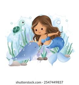 Watercolor Illustration Cute Mermaid with Sea Turtle and Fish in Deep Ocean