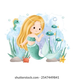 Watercolor Illustration Cute Mermaid with Sea Animals in Deep Ocea