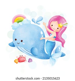 Watercolor Illustration cute Mermaid and whale