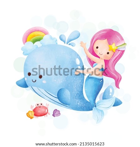 Watercolor Illustration cute Mermaid and whale