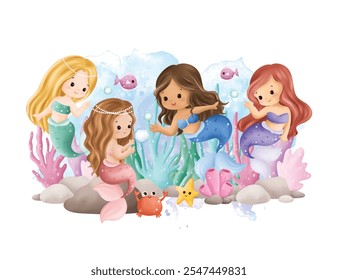 Watercolor Illustration Cute Mermaids and Sea Animals
