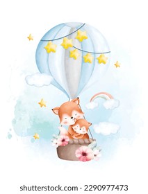 Watercolor illustration Cute mom and baby fox in hot air balloon