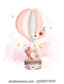 Watercolor illustration Cute mom and baby bear in hot air balloon