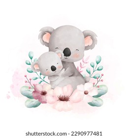 Aquarell-Illustration Mama und Babykoala mit Blumenkranz