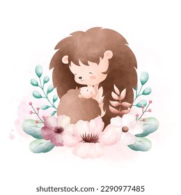 Watercolor illustration Cute mom and baby hedgehog with flower wreath