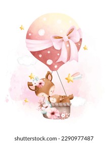 Watercolor illustration Cute mom and baby deer in hot air balloon