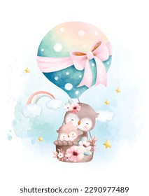 Watercolor illustration Cute mom and baby owl in hot air balloon