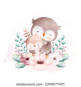 Watercolor illustration Cute mom and baby owl with flower wreath