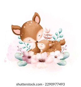 Watercolor illustration Cute mom and baby deer with flower wreath