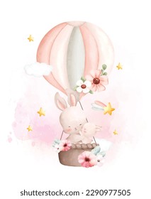 Watercolor illustration Cute mom and baby rabbit in hot air balloon