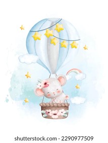 Watercolor illustration Cute mom and baby mouse in hot air balloon