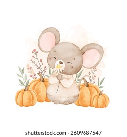 Watercolor Illustration Cute Mouse in Autumn Season with Pumpkins and Leaves