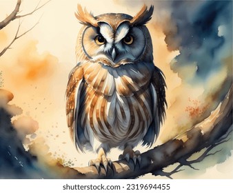 watercolor illustration, Cute owl with watercolor effec, owl drawn on an isolated white background. Wise owl reading book. School, kindergarten education. Children study. beautiful owls with paint