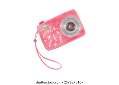 Watercolor illustration of a cute pink digital camera with a strap. Ideal for travel, photography, and creative designs.