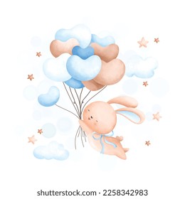 Watercolor Illustration Cute rabbit and balloons on cloud