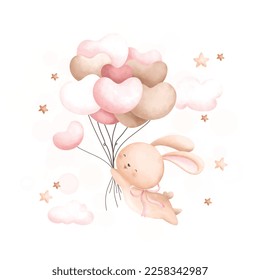 Watercolor Illustration Cute rabbit and balloons on cloud