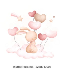 Watercolor Illustration Cute rabbit and balloons on cloud