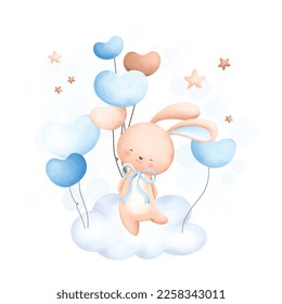 Watercolor Illustration Cute rabbit and balloons on cloud
