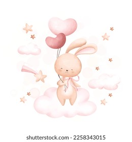 Watercolor Illustration Cute rabbit and balloons on cloud