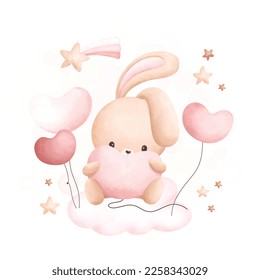 Watercolor Illustration Cute rabbit and balloons on cloud