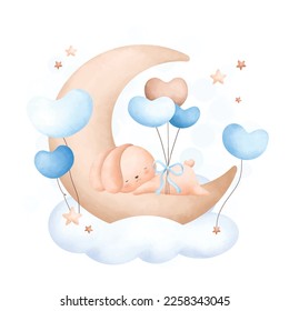 Watercolor Illustration Cute rabbit and balloons on cloud