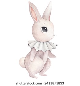 Watercolor Illustration cute rabbit, bunny, hare. Happy Easter watercolor card with cute Easter rabbit in pastel colors with air ballon. Isolated Easter watercolor bunny hare decor element sticker art