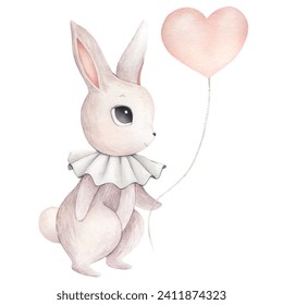 Watercolor Illustration cute rabbit, bunny, hare. Happy Easter watercolor card with cute Easter rabbit in pastel colors with air ballon. Isolated Easter watercolor bunny hare decor element sticker art