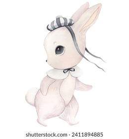 Watercolor Illustration cute rabbit, bunny, hare. Happy Easter watercolor card with cute Easter rabbit in pastel colors with air ballon. Isolated Easter watercolor bunny hare decor element sticker art