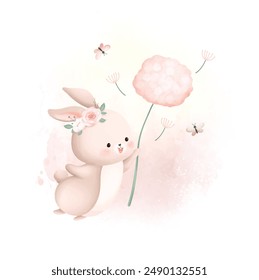 Watercolor Illustration Cute Rabbit Fly with Pink Flower and Butterflies