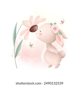 Watercolor Illustration Cute Rabbit and Pink Flower with Butterflies