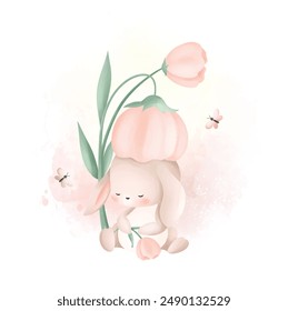 Watercolor Illustration Cute Rabbit Sleeps Under Pink Flower