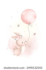 Watercolor Illustration Cute Rabbits with Balloon and Butterflies