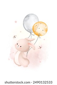 Watercolor Illustration Cute Rabbits with Balloons and Butterflies