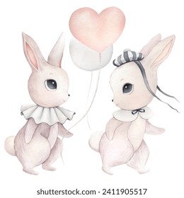 Watercolor Illustration cute rabbits, bunnies, hares. Happy Easter watercolor card with cute Easter rabbit in pastel colors with air ballon. Isolated Easter watercolor bunny hare decor element sticker