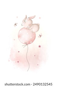 Watercolor Illustration Cute Rabbits Flying with Balloon and Butterflies