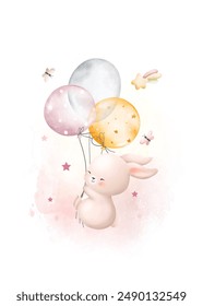 Watercolor Illustration Cute Rabbits Flying with Balloons and Butterflies