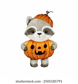 Watercolor Illustration Cute Raccoon Devil Pumpkin Costume Cartoon Vector. Animal Holiday with Halloween Concept Vector