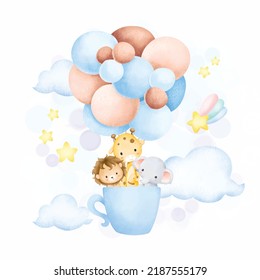 Watercolor Illustration cute safari animals in cup and balloons 