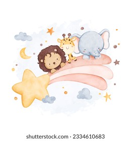 Watercolor illustration cute safari animals with rainbow and stars