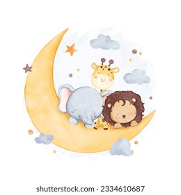 Watercolor illustration cute safari animals sleep on moon with stars and cloud