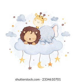Watercolor illustration cute safari animals on cloud with moon and stars